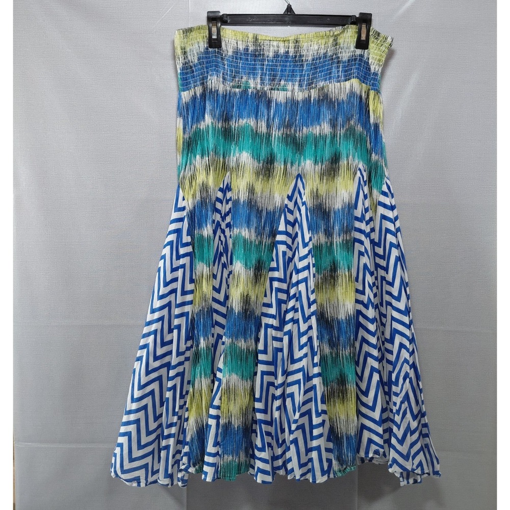 Grace Elements Smocked Waist Flare Midi to Maxi Skirt XL Blue Crinkle Broomstick
